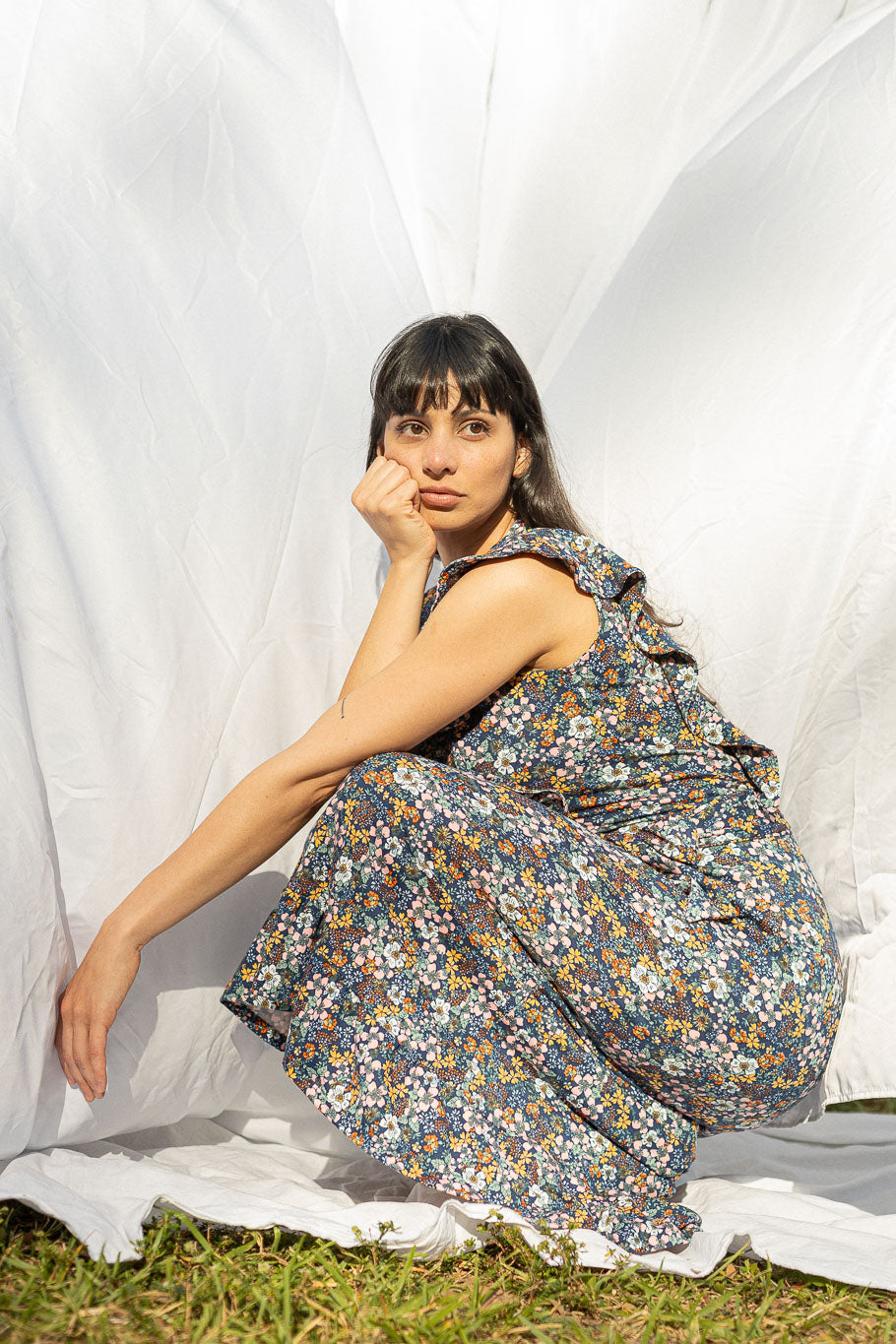 Princess-seamed Midi Dress with Ruffles and Belt, Front View | The Jocelyne Dress |