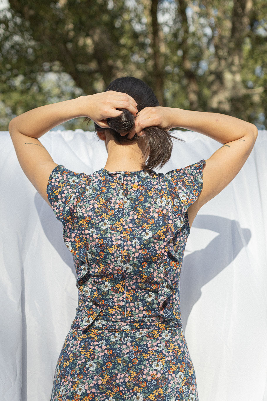 Princess-seamed Midi Dress with Ruffles and Belt, Back View | The Jocelyne Dress |