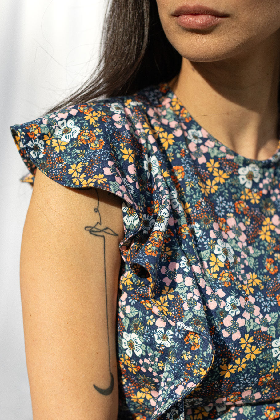 Princess-seamed Midi Dress with Ruffles and Belt, Shoulder Detail View | The Jocelyne Dress |