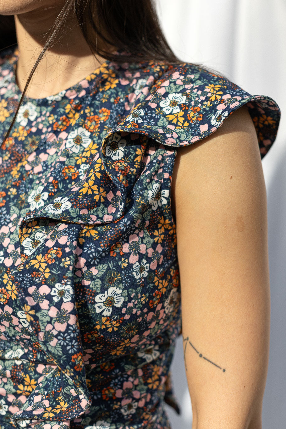 Princess-seamed Midi Dress with Ruffles and Belt, Shoulder Detail View | The Jocelyne Dress |