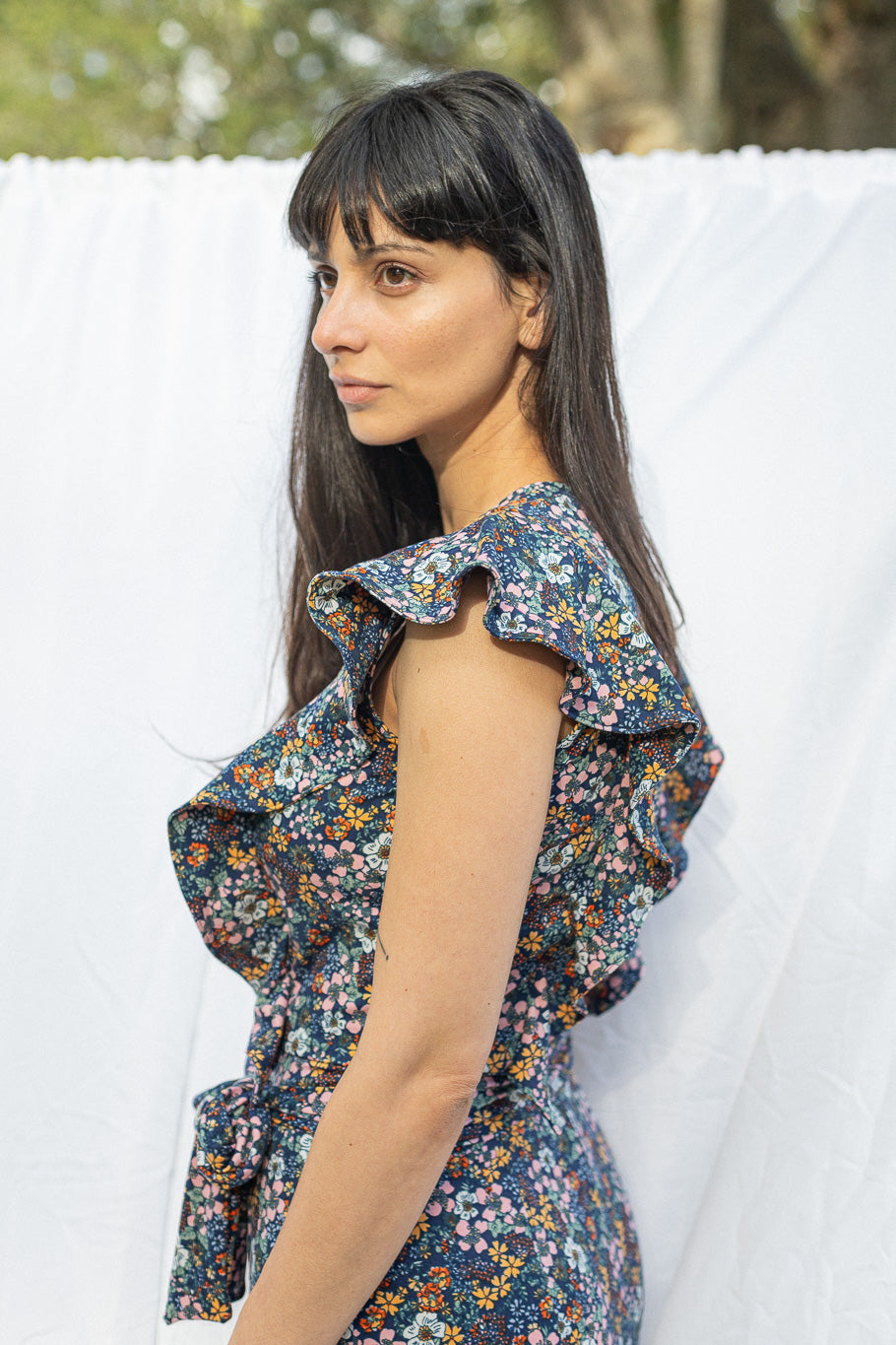 Princess-seamed Midi Dress with Ruffles and Belt, Left Side View | The Jocelyne Dress |