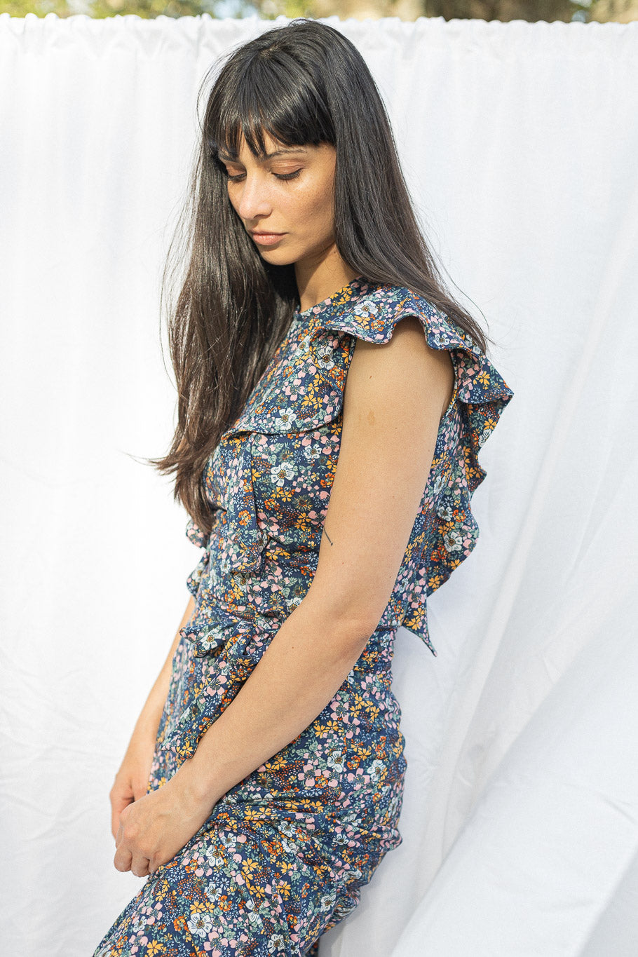 Princess-seamed Midi Dress with Ruffles and Belt, Left Side View | The Jocelyne Dress |