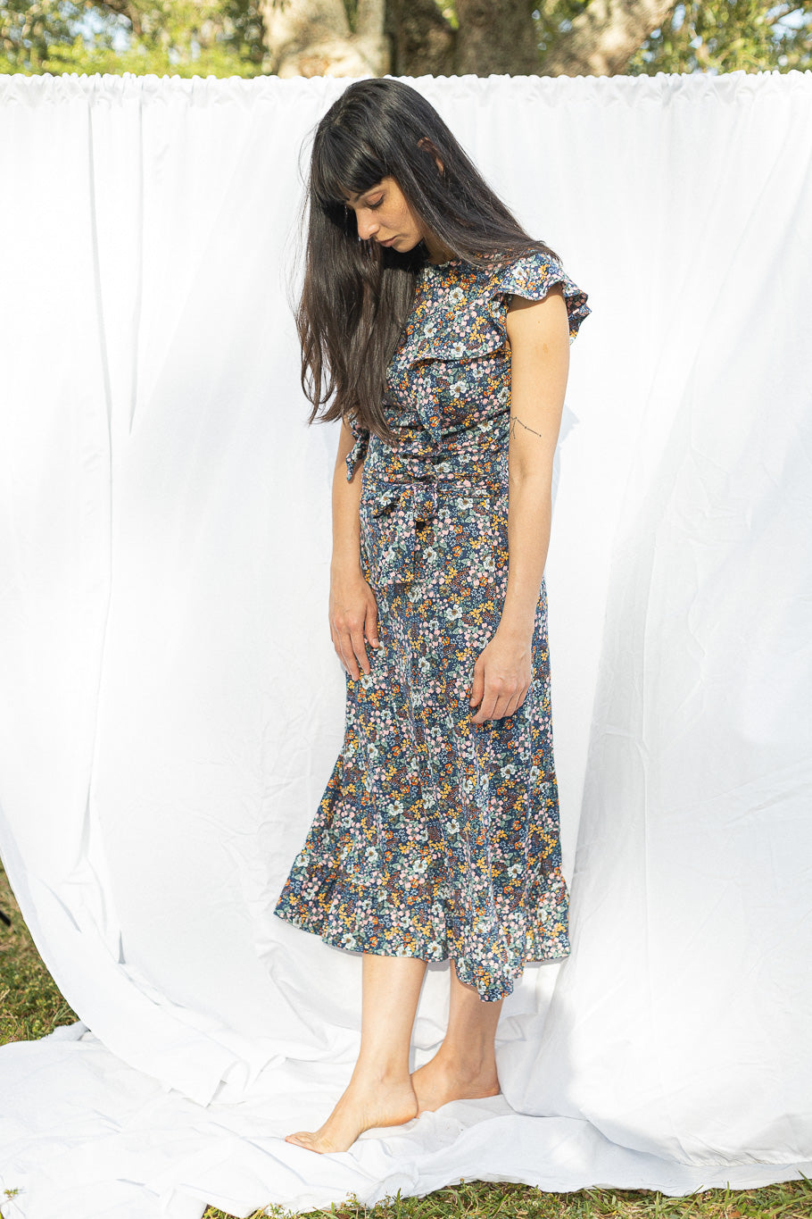 Princess-seamed Midi Dress with Ruffles and Belt, Full Body Left Side View | The Jocelyne Dress |