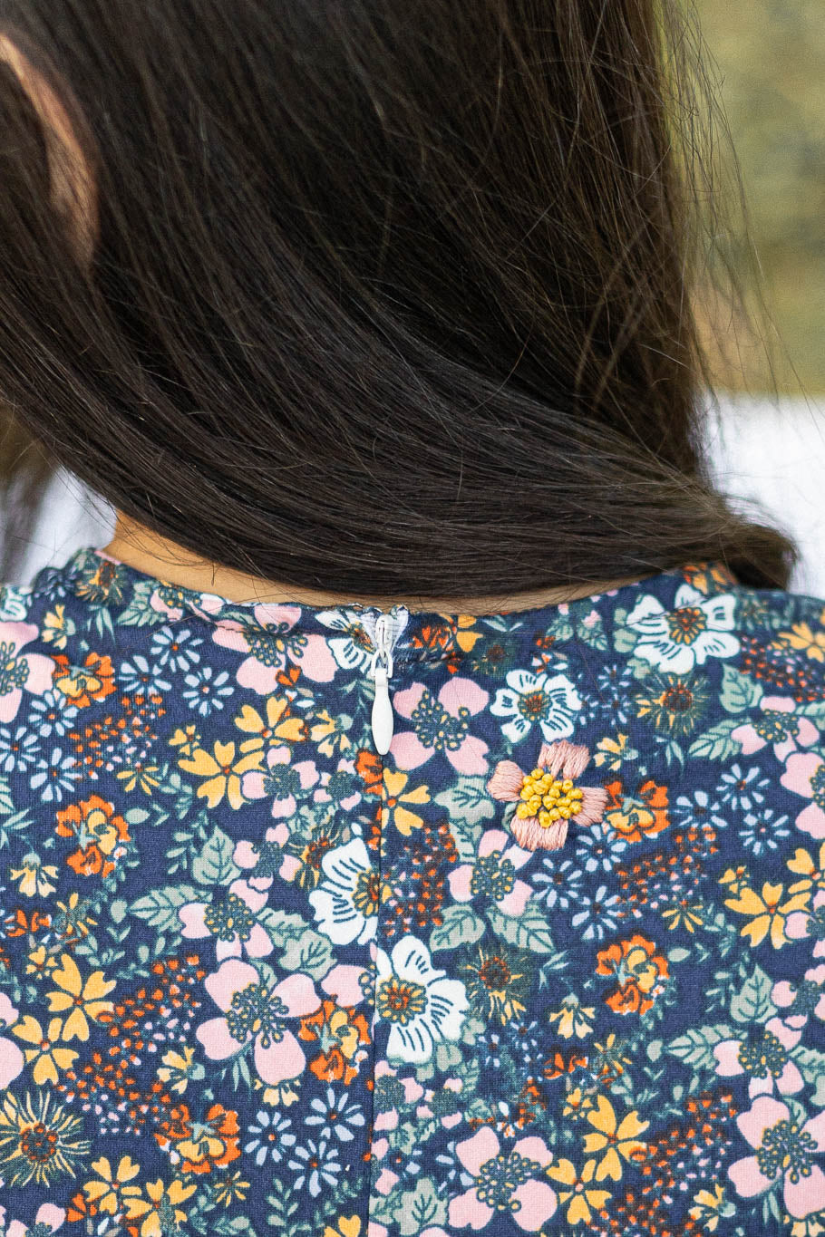 Princess-seamed Midi Dress with Ruffles and Belt, Hand Embroidery Close-up | The Jocelyne Dress |