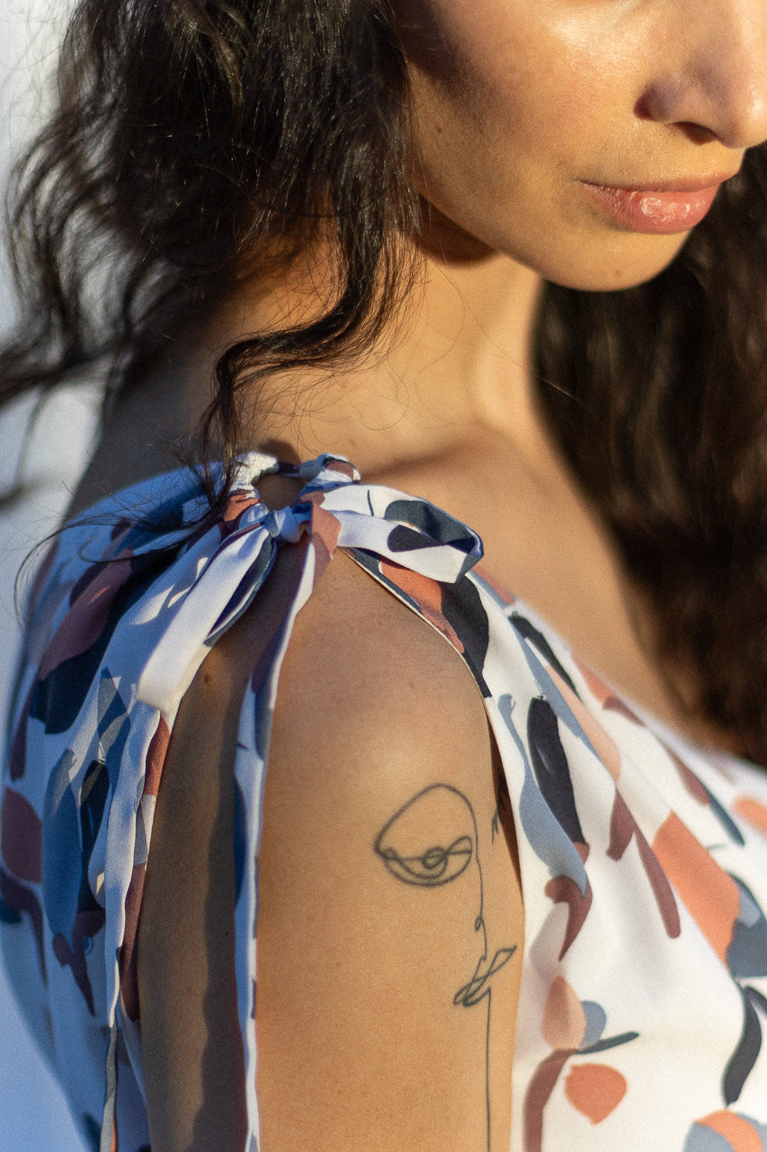 Long Button-up Sleeveless Dress, Gathered Shoulder View | The Bella Dress |