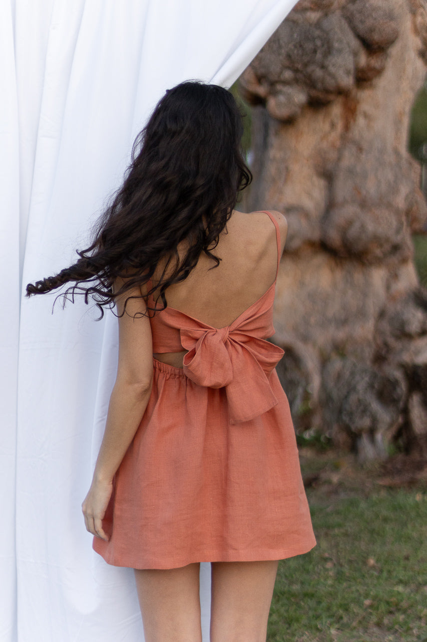 Spaghetti Strap Short Linen Dress, Back View | The Sophie Dress | #color_burnt-orange