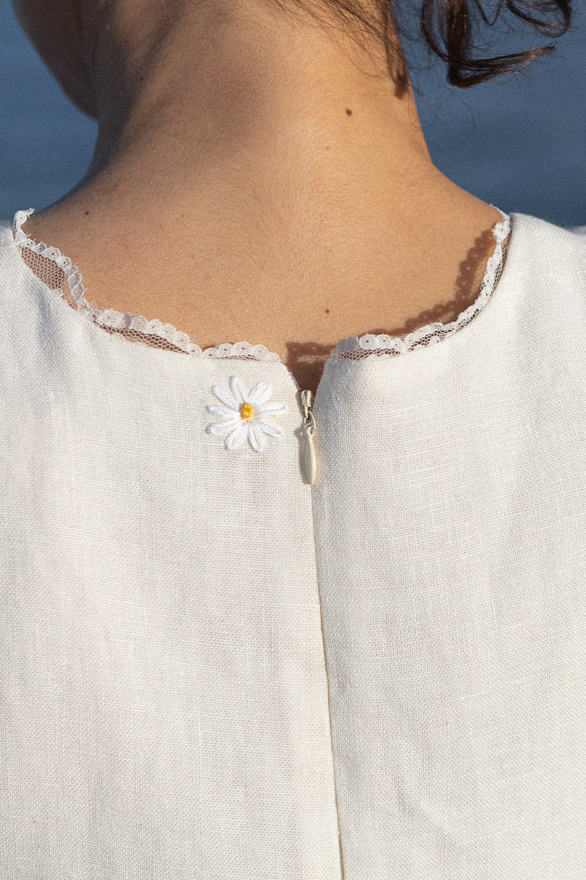 Loose Sleeveless Asymmetrical Linen Dress, Hand-embroidery Close-up | The Anne Dress | #color_ivory