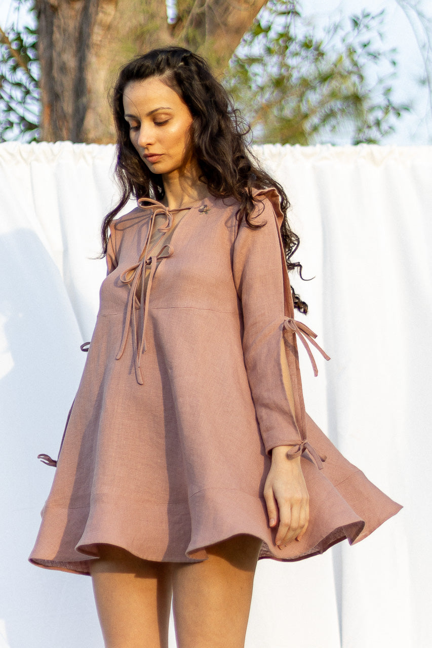 Romantic Long Sleeves Short Linen Dress, Deep V-neck View | The Eva Dress | #color_silvery-pink