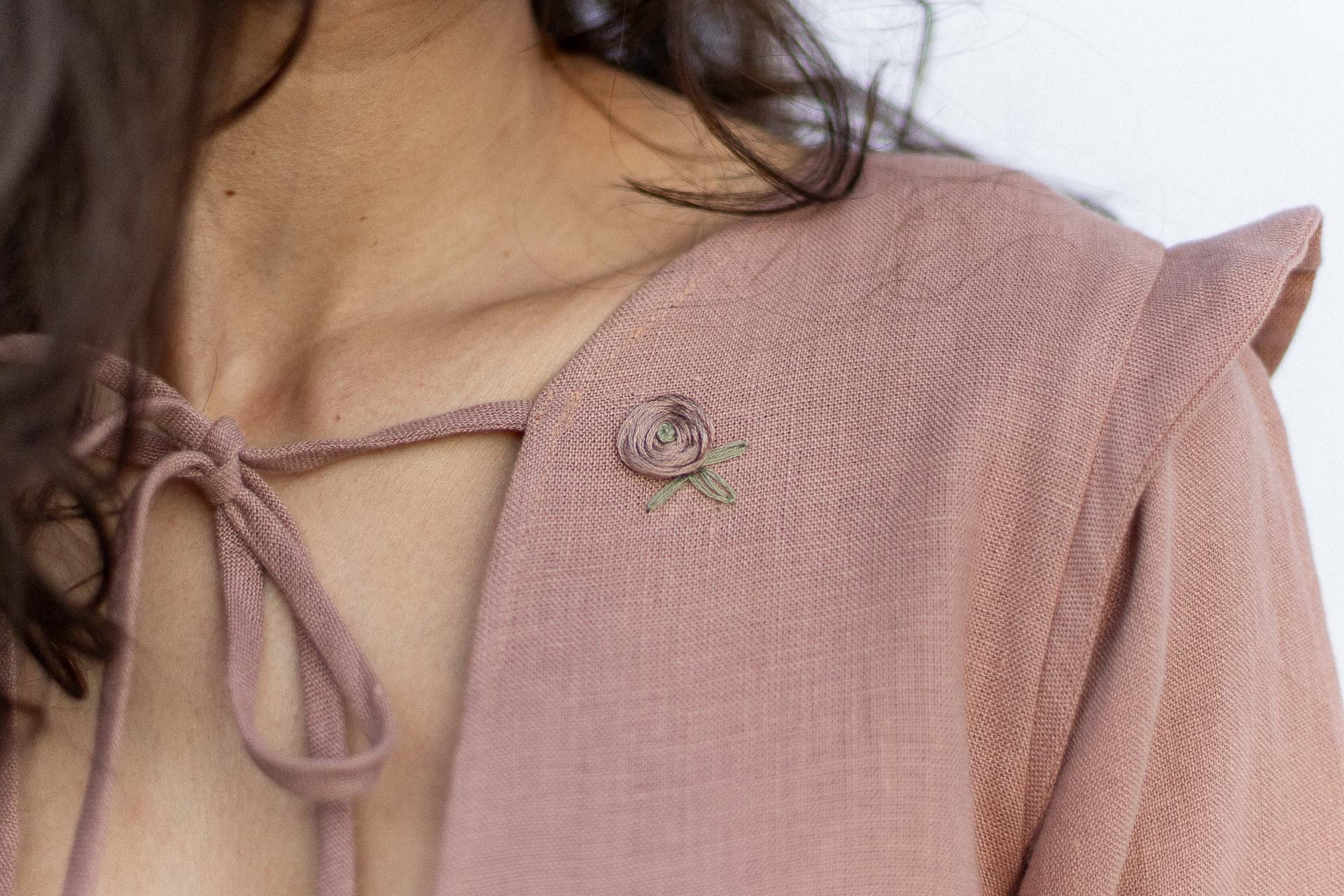 Romantic Long Sleeves Short Linen Dress, Hand-embroidery Close-up | The Eva Dress | #color_silvery-pink